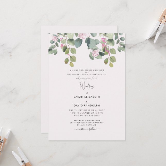 Invitación Eucalyptus y Boda rosa ambos padres (Anverso/Reverso In Situ)