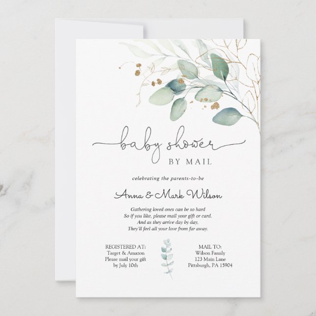 Invitación Eucalyptus y Gold Baby Shower por correo (Anverso)