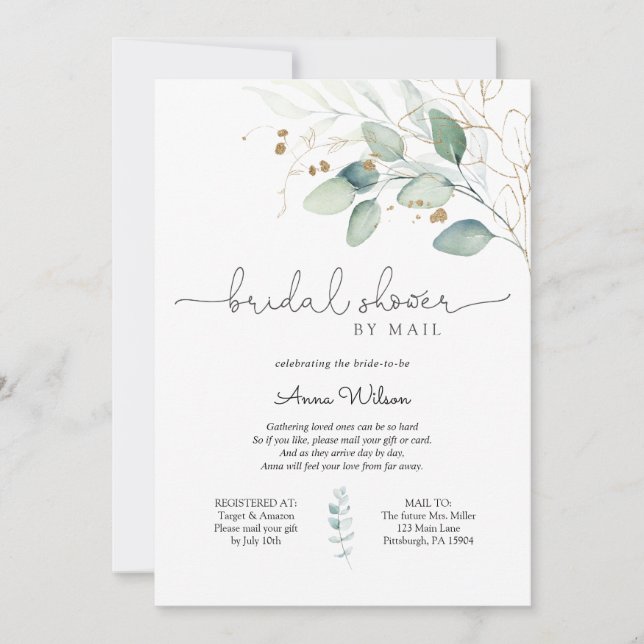 Invitación Eucalyptus y Gold Bridal Shower por correo (Anverso)
