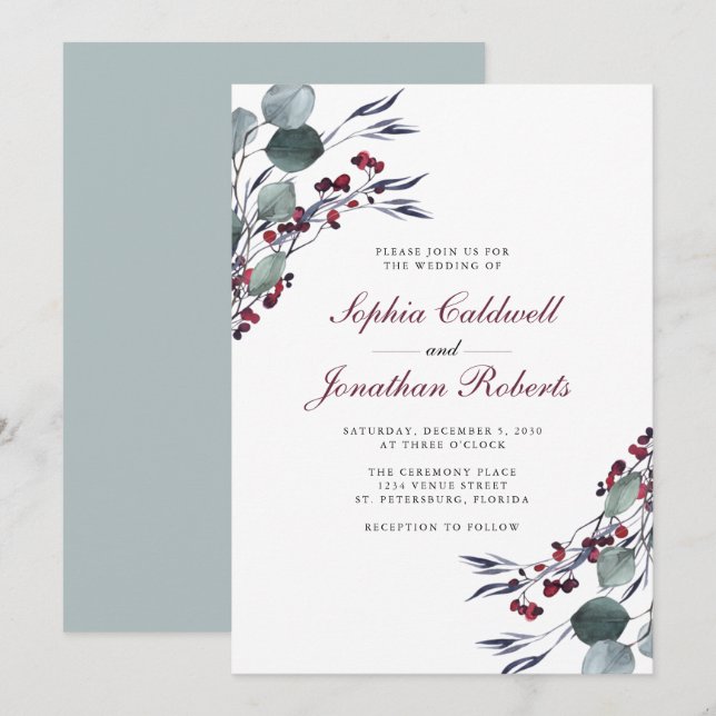Invitación Eucalyptus y Holly Berries Bodas de Invierno (Anverso / Reverso)