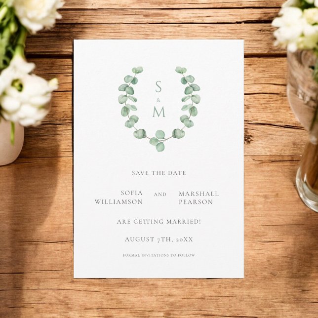 Invitación Eucalypus monograma guardar la fecha (beautiful clean monogram save the date with green folage 
)