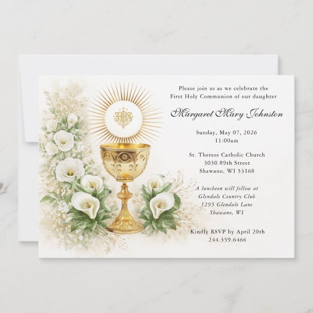 Invitación Eucaristía elegante Primera Comunión Floral (Anverso)