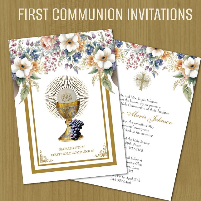 Invitación Eucaristía Floral de la Santa Comunión Católica (Easy to personalize First Holy Communion Invitations)