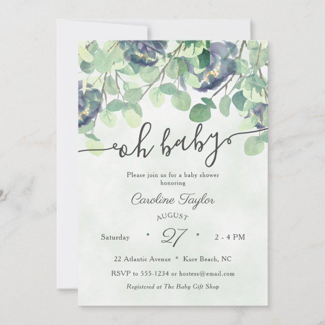 Invitación Eucualyptus Greenery Navy Blue Floral Baby Shower (Anverso)