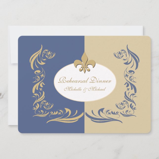 Invitación Evento Boda Gold Sand and Ice Blue Fleur de Lis (Anverso)