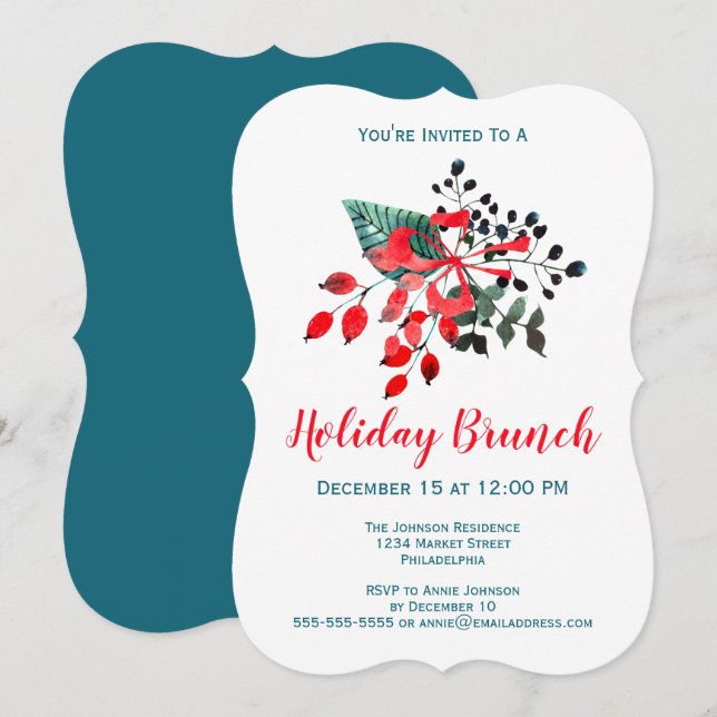 Invitación Evento Brunch Florals y Berries Rojo y Verde azula (Anverso / Reverso)