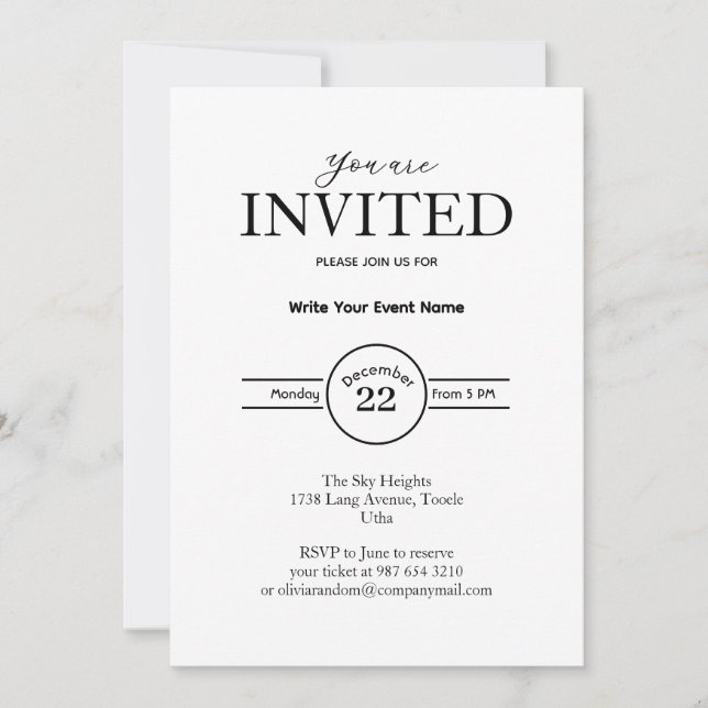 Invitación evento comercial minimalista (Anverso)