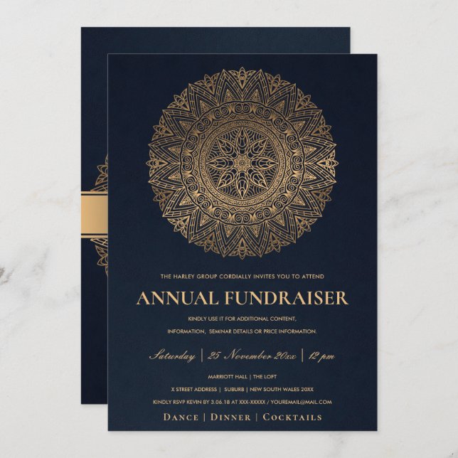 INVITACIÓN EVENTO CORPORATIVO DE MANDALA ORNAMENTAL DE ORO DE (Anverso / Reverso)
