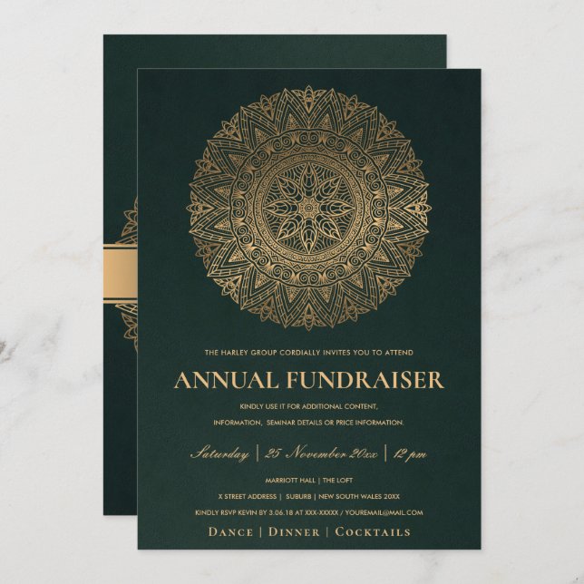 INVITACIÓN EVENTO CORPORATIVO MANDALA ORNAMENTAL ORO VERDE (Anverso / Reverso)