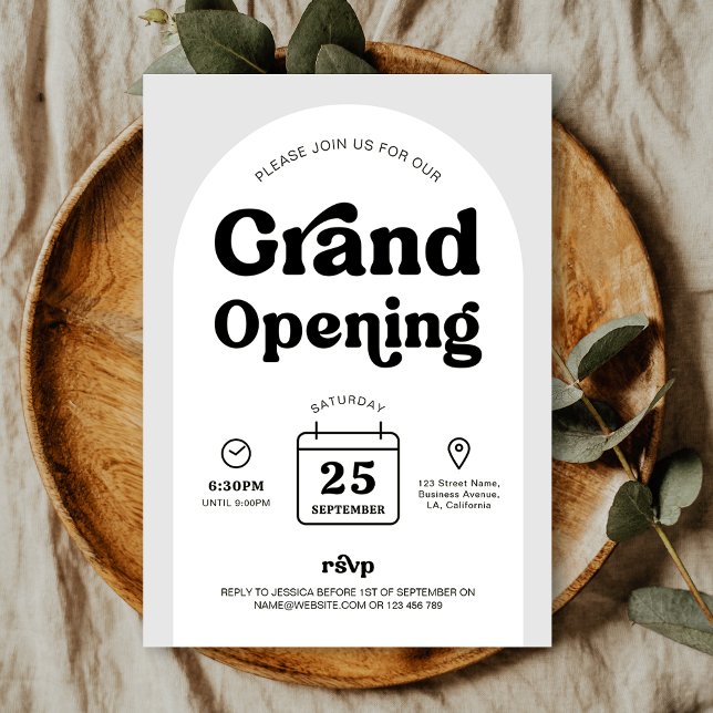 Invitación Evento de apertura de nueva tienda de negocios Ret (Trendy Business Grand Opening invitation design, featuring retro fonts, arch background and icons)