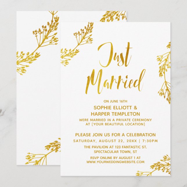 Invitación Evento de Boda Botánico de Oro recién Casado (Anverso / Reverso)