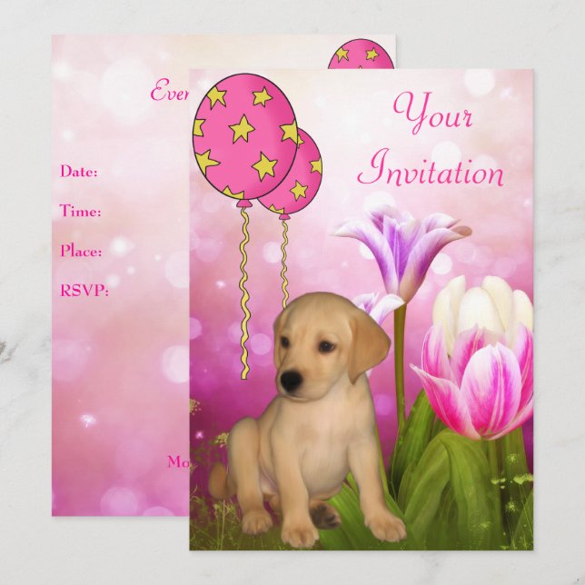 Invitación Evento de cachorros de Labrador y globos de Blosso (Anverso / Reverso)