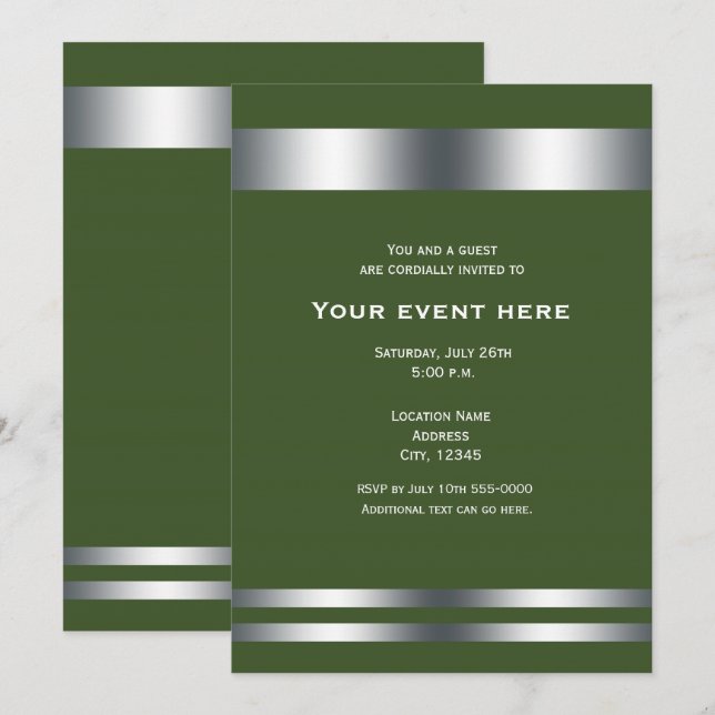 Invitación Evento de cena elegante verde y plata (Anverso / Reverso)