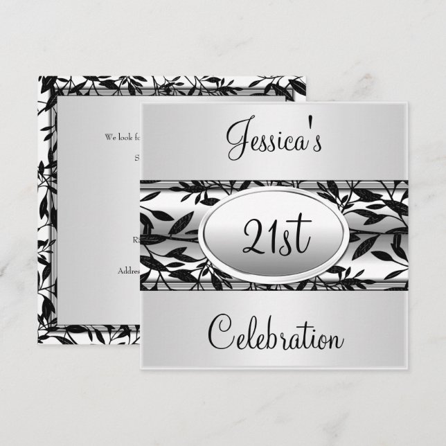 Invitación Evento de cumpleaños 21ª Floral blanca y negra (Anverso / Reverso)