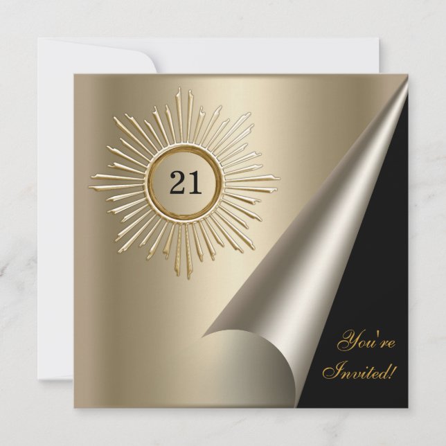 Invitación Evento de cumpleaños 21 en bronce dorado negro (Anverso)