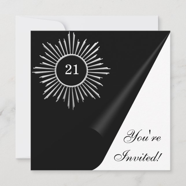 Invitación Evento de cumpleaños 21 en negro, plata y blanco (Anverso)