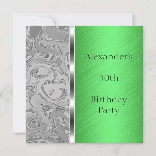 Invitación Evento de cumpleaños abstracto gris y verde (Anverso)