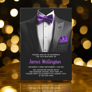 Invitación Evento de cumpleaños Black and Purple Tuxedo