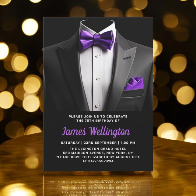 Invitación Evento de cumpleaños Black and Purple Tuxedo (Subido por el creador)