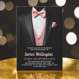 Invitación Evento de cumpleaños Black and Rubor Pink Tuxedo