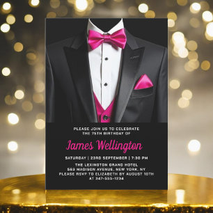 Invitación Evento de cumpleaños de Tuxedo negro y rosa