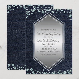 Invitación Evento de Cumpleaños Denim Diamonds Silver Hearts