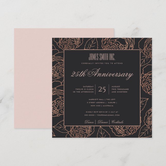 Invitación EVENTO DE FIESTA DE Rubor ROSA GOLD BLACK FLORAL C (Anverso / Reverso)