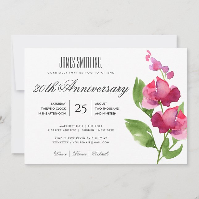 INVITACIÓN EVENTO DE FIESTA EMPRESARIAL PINK WATERCOLOR FLORA (Anverso)
