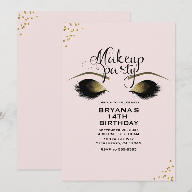 Invitación Evento de Fiesta Rubor Pink Gold Makeup Eyelashes (Anverso / Reverso)