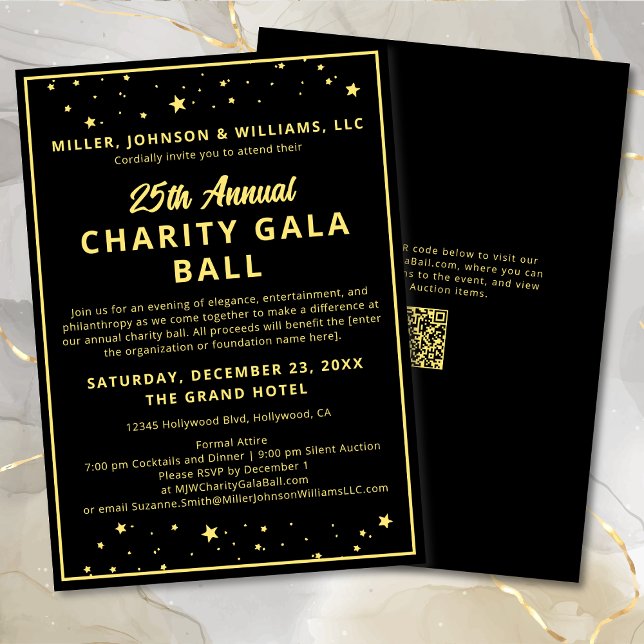 Invitación Evento de Gala de Recaudación de Fondos Elegante O (Elegant Charity Fundraiser Ball Corporate Celebration Silent Auction in Black with Gold Stars.)