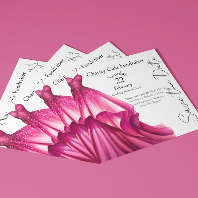 Invitación Evento de gala presidida por un vestido rosado (Save the Date Gala Fundraiser Charity event with formal hot pink dress on front and back. Customized)