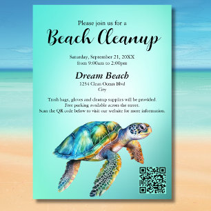 Invitación Evento de Limpieza de Playa con Código QR Tortuga 
