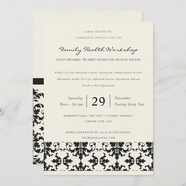 INVITACIÓN EVENTO DE TALLER CLÁSICO FORMAL EN BLANCO Y NEGRO (Anverso / Reverso)