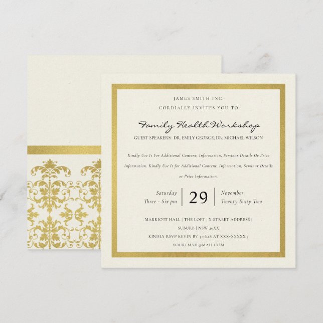 INVITACIÓN EVENTO DEL TALLER CLÁSICO DE FAUX GOLD WHITE DAMAS (Anverso / Reverso)