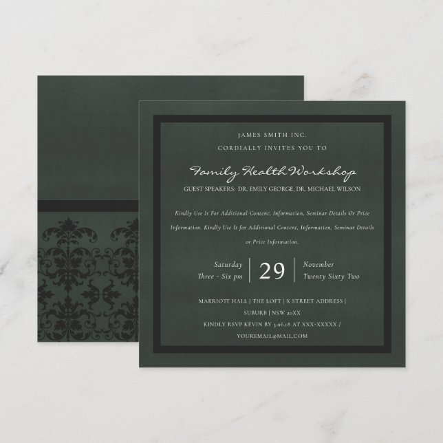 INVITACIÓN EVENTO DEL TALLER CLÁSICO DE VELVET NEGRO DAMASK (Anverso / Reverso)