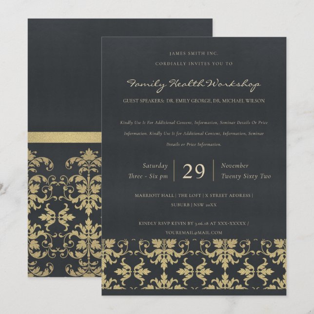INVITACIÓN EVENTO DEL TALLER CLÁSICO NAVY VELVET GOLD DAMASK (Anverso / Reverso)
