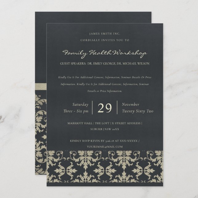 INVITACIÓN EVENTO DEL TALLER CLÁSICO NAVY VELVET SILVER DAMAS (Anverso / Reverso)