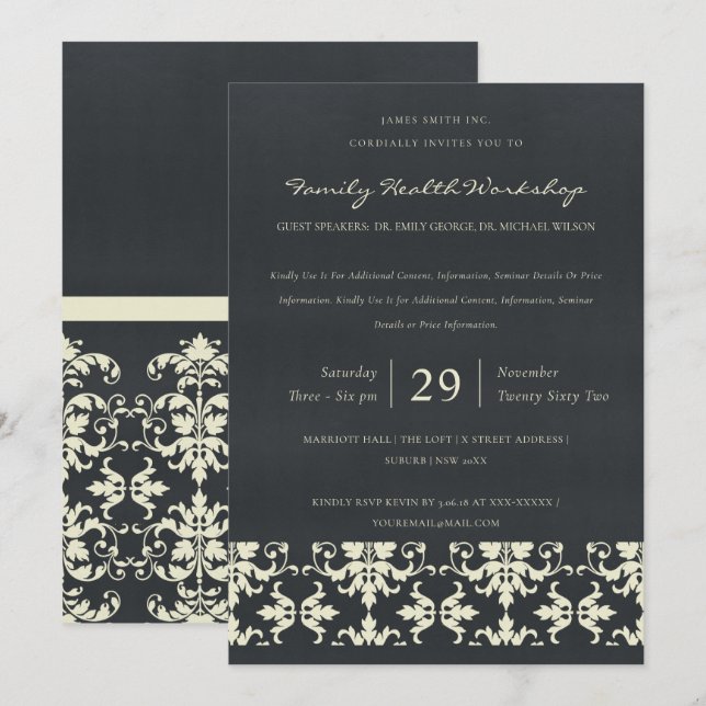 INVITACIÓN EVENTO DEL TALLER CLÁSICO NAVY VELVET WHITE DAMASK (Anverso / Reverso)