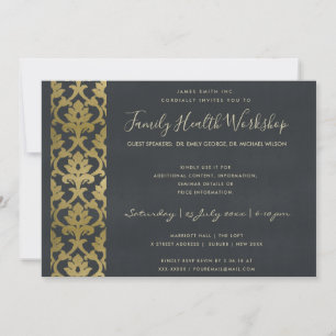 INVITACIÓN EVENTO DEL TALLER FORMAL FAUX GOLD NAVY DAMASK