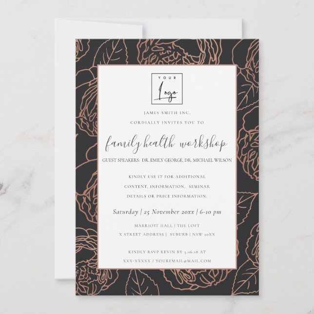 Invitación EVENTO DEL TALLER Rubor PINK ROSE GOLD BLACK FLORA (Anverso)