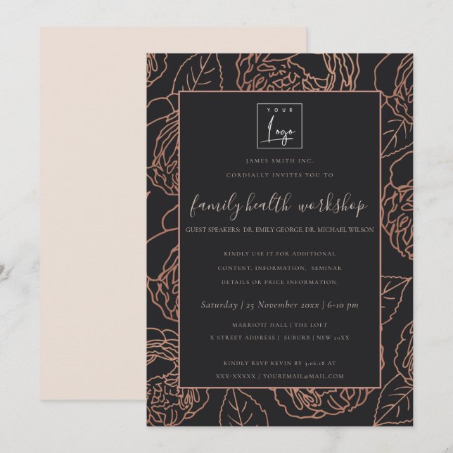Invitación EVENTO DEL TALLER Rubor PINK ROSE GOLD BLACK FLORA (Anverso / Reverso)