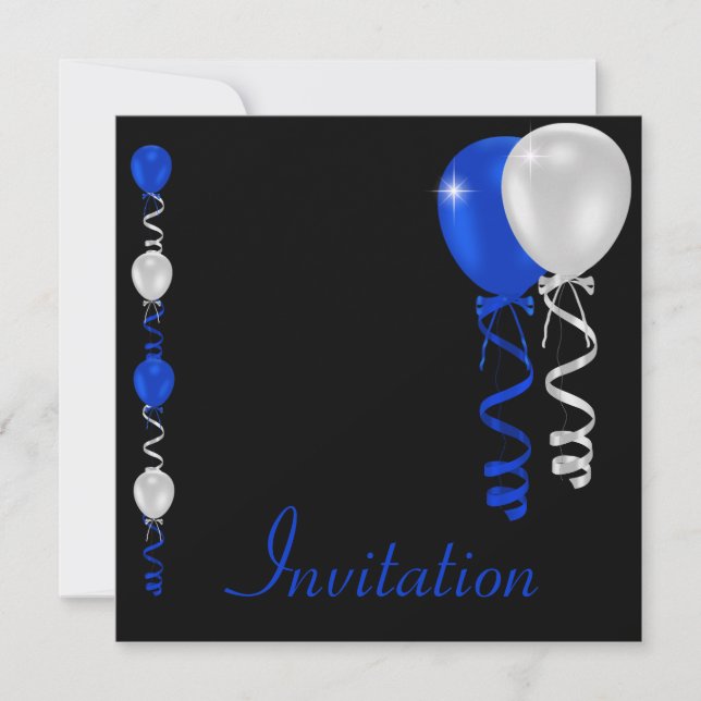 Invitación Evento especial Blue Black & White Balloons (Anverso)