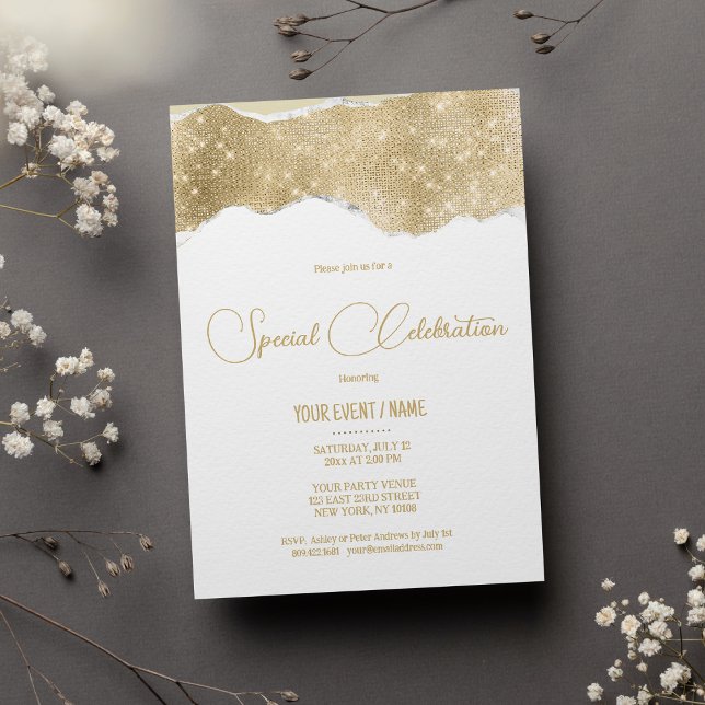 Invitación Evento especial de lujo con brillo de oro y plata (Luxury white gold silver glitter Special Event)