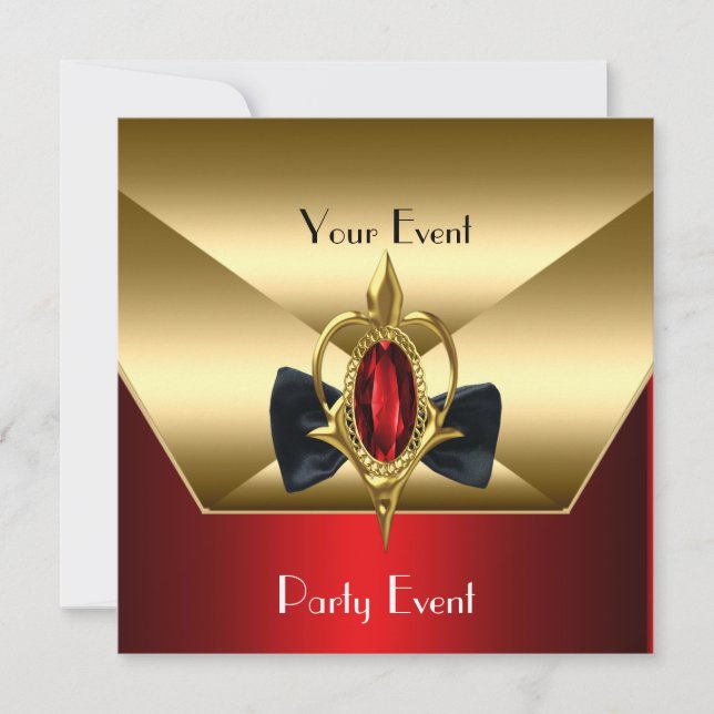 Invitación Evento fiesta Black Tie Red Gold Diamond Jewel (Anverso)