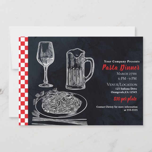 Invitación Evento Fiesta de la cena de Pasta Chalk en negro r (Anverso)