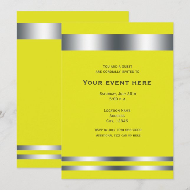 Invitación Evento Fiesta elegante amarillo y plateado (Anverso / Reverso)