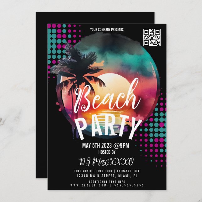 Invitación Evento nocturno de playa tropical Fiesta Bar Club  (Anverso / Reverso)