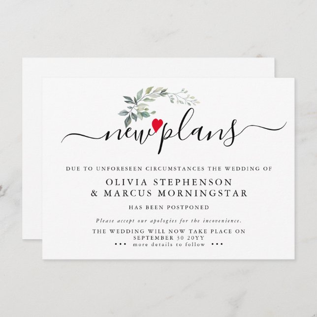 Invitación Evento pospuesto de hoja moderna Nuevos planes (Anverso / Reverso)