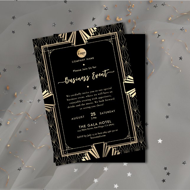 Invitación Evento profesional Art Deco Black & Gold Business (Professional Art Deco Black & Gold Business Event Invitation)