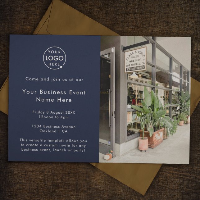 Invitación Evento profesional | Navy Blue Modern Professional (Stylish navy blue photo business event invitation by Guava - sleek, modern, and customizable)